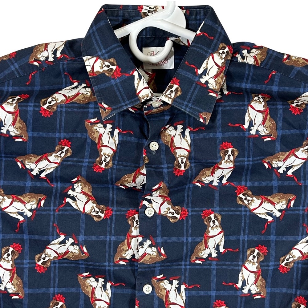 North Pole Trading Co Mens Blue Plaid Saint Bernard Dog Holiday Shirt Large